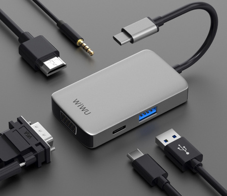 Хаб WIWU Alpha 5 в 1 513HVP USB Type C (Серый)