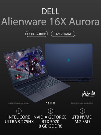 Ноутбук Dell Alienware 16X Aurora LAC16251-9582BLU-PUS (Ultra 9 275HX 2.7GHz/2560x1600/32GB/2TB SSD/RTX 5070 8GB/Win11)