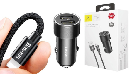 Автомобильное зарядное устройство Baseus Car Charger Small Screw Series 2xUSB 3.4A + Lightning Cable Black (TZXLD-A01)
