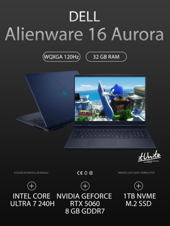 Ноутбук Dell Alienware 16 Aurora LAC16250-7568BLU-PUS(Ultra 7 240H 2.5GHz/2560x1600/32GB/1TB SSD/RTX 5060 8GB/Win 11)